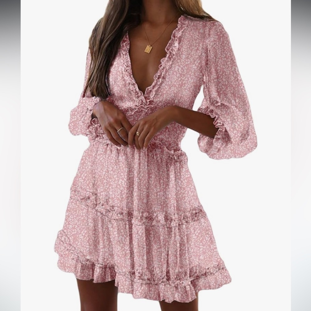 Spring Summer Deep V Neck Long Sleeve Backless Ruffle Floral Flowy Mini Dress
